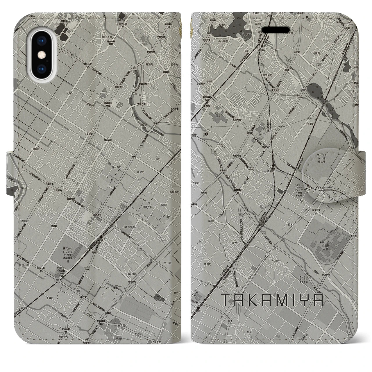 【高宮(滋賀県)】地図柄iPhoneケース(手帳タイプ)モノトーン・iPhone XS Max 用