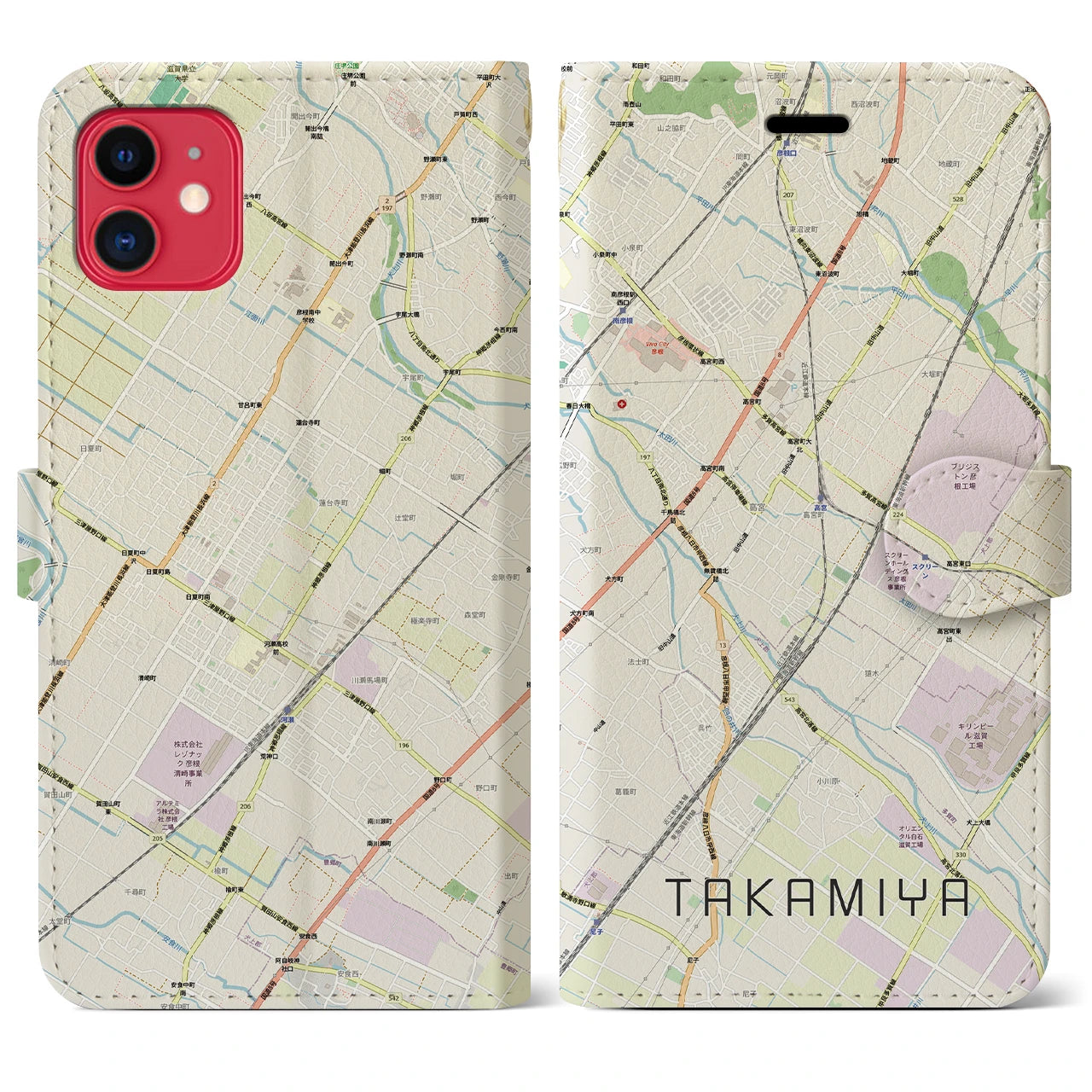 【高宮(滋賀県)】地図柄iPhoneケース(手帳タイプ)ナチュラル・iPhone 11 用
