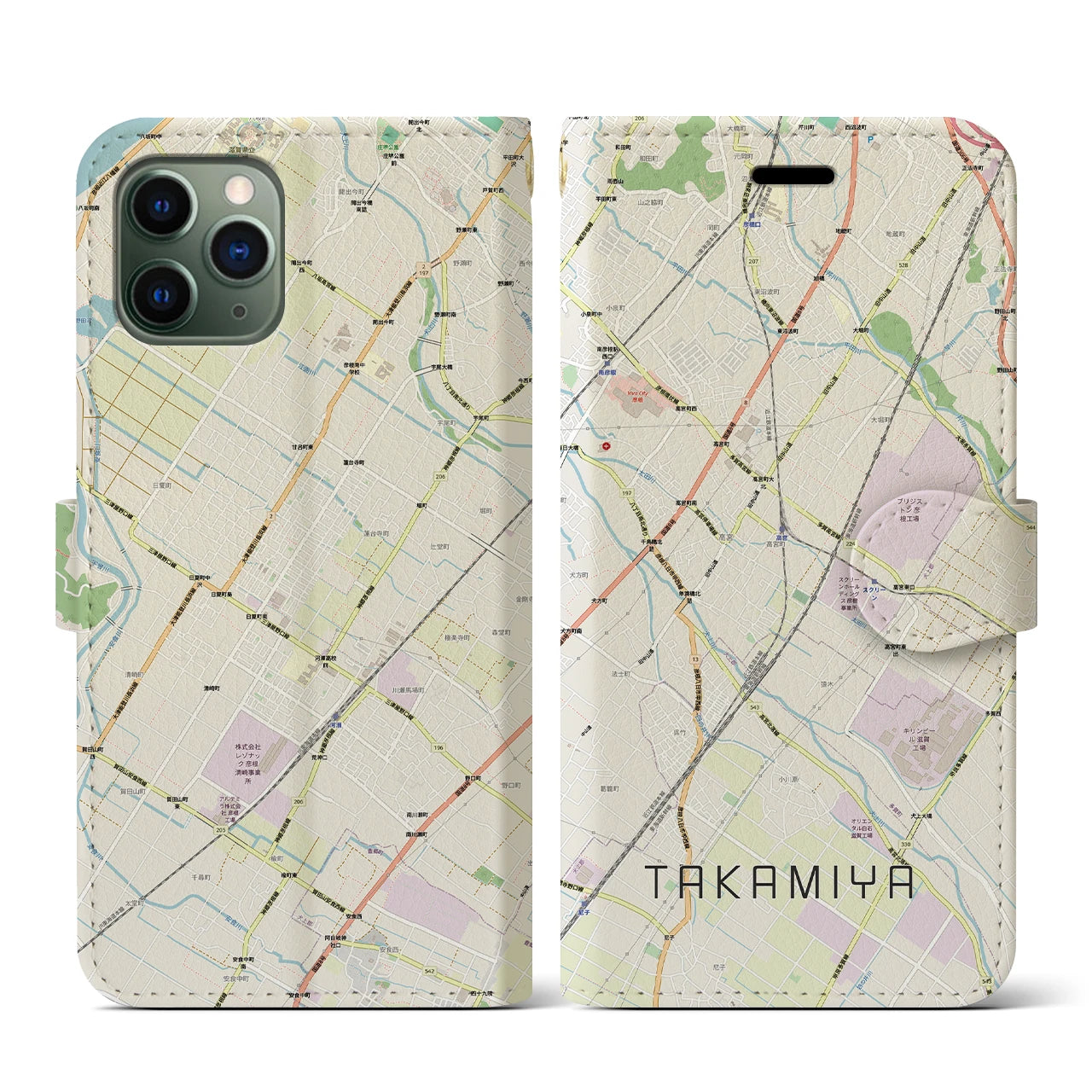 【高宮(滋賀県)】地図柄iPhoneケース(手帳タイプ)ナチュラル・iPhone 11 Pro 用