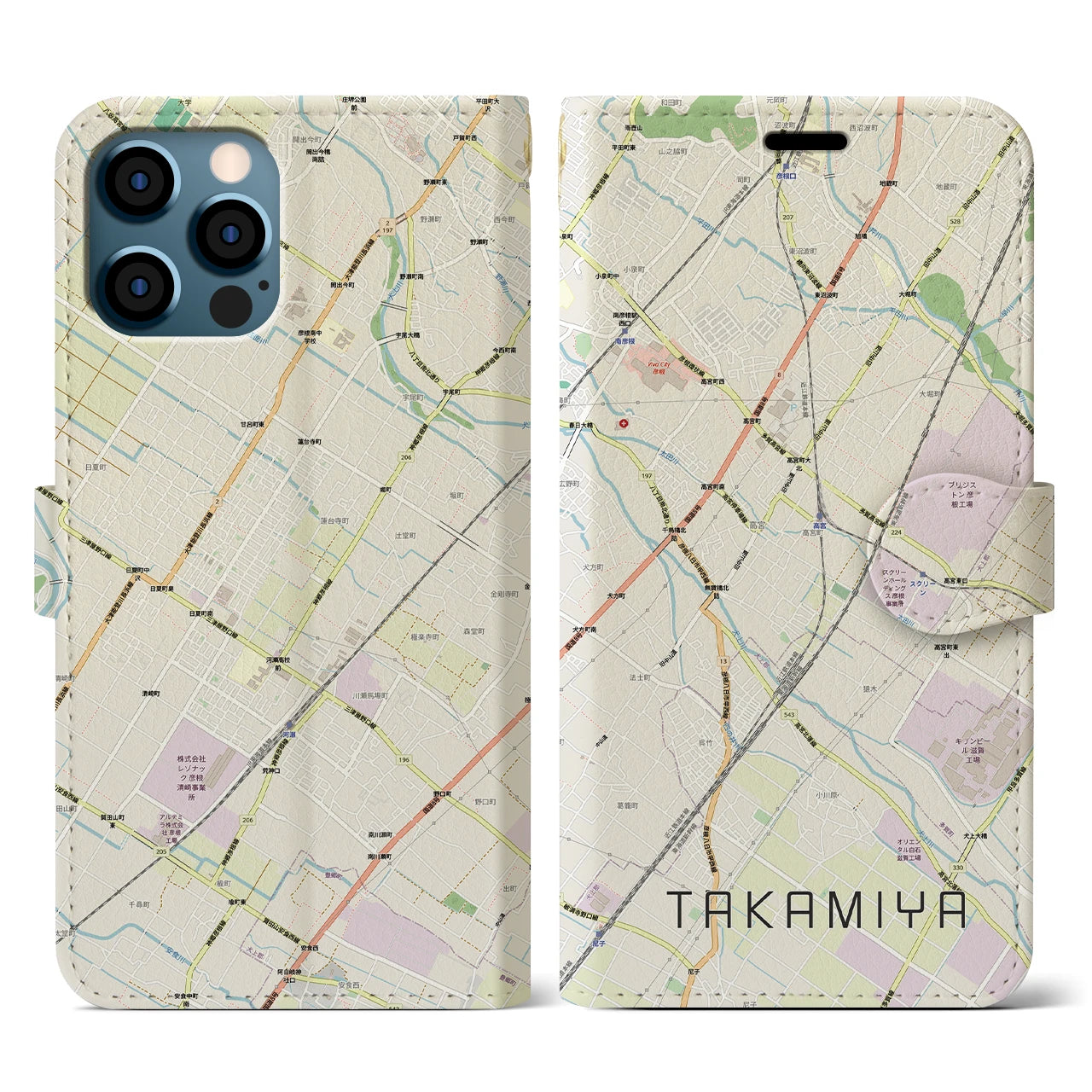 【高宮(滋賀県)】地図柄iPhoneケース(手帳タイプ)ナチュラル・iPhone 12 / 12 Pro 用