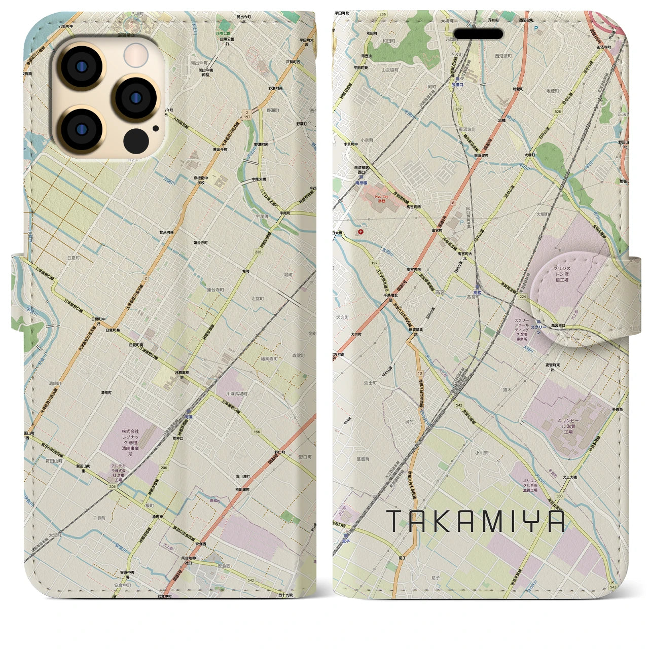 【高宮(滋賀県)】地図柄iPhoneケース(手帳タイプ)ナチュラル・iPhone 12 Pro Max 用