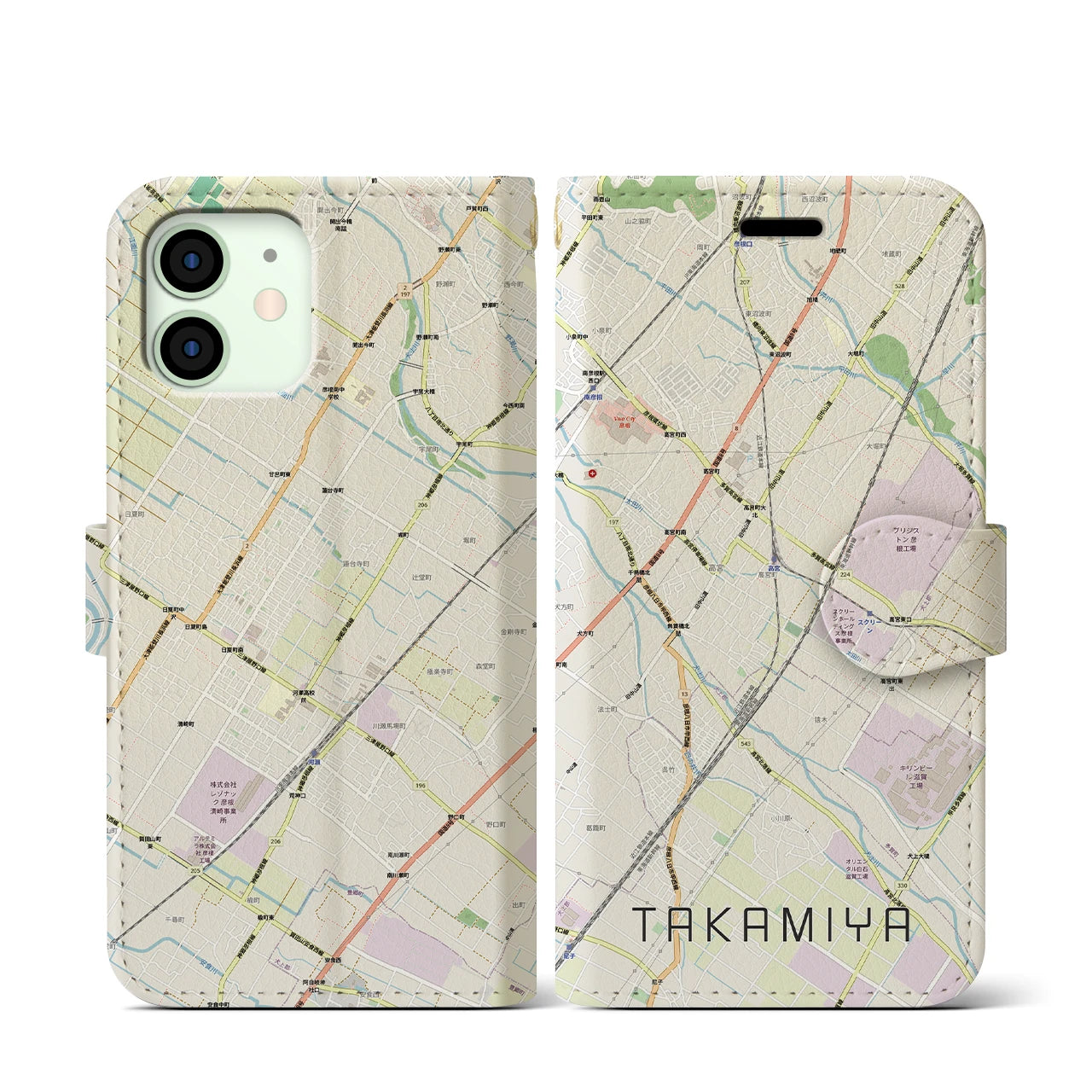 【高宮(滋賀県)】地図柄iPhoneケース(手帳タイプ)ナチュラル・iPhone 12 mini 用