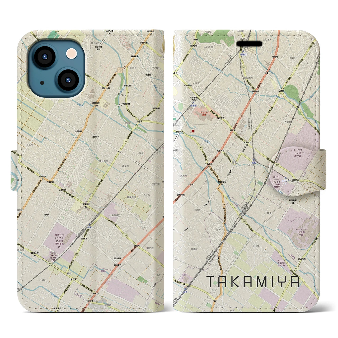 【高宮(滋賀県)】地図柄iPhoneケース(手帳タイプ)ナチュラル・iPhone 13 用