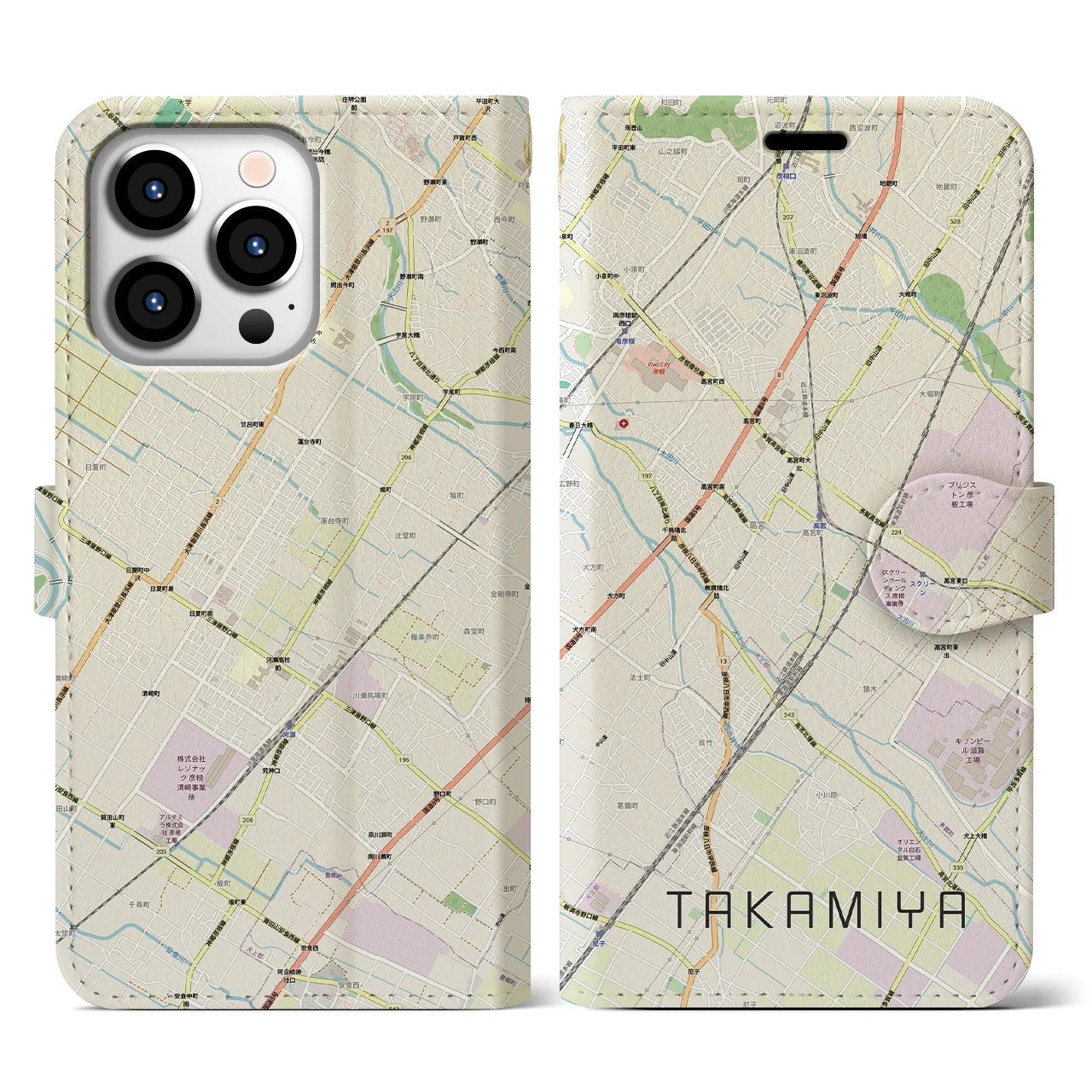 【高宮(滋賀県)】地図柄iPhoneケース(手帳タイプ)ナチュラル・iPhone 13 Pro 用