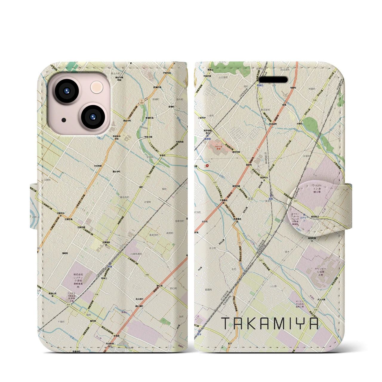 【高宮(滋賀県)】地図柄iPhoneケース(手帳タイプ)ナチュラル・iPhone 13 mini 用