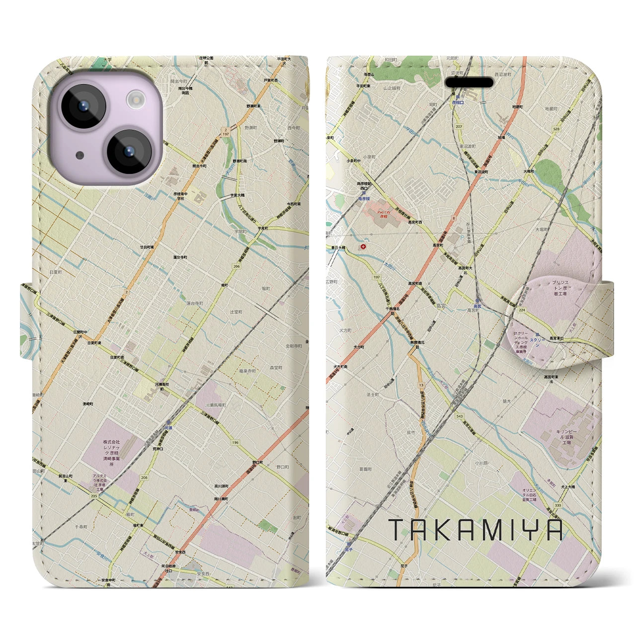 【高宮(滋賀県)】地図柄iPhoneケース(手帳タイプ)ナチュラル・iPhone 14 用