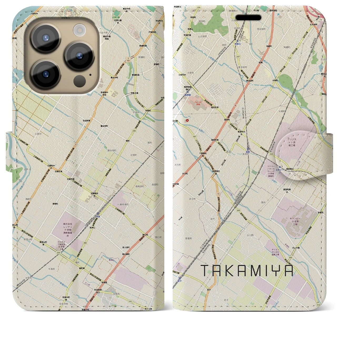 【高宮(滋賀県)】地図柄iPhoneケース(手帳タイプ)ナチュラル・iPhone 14 Pro Max 用