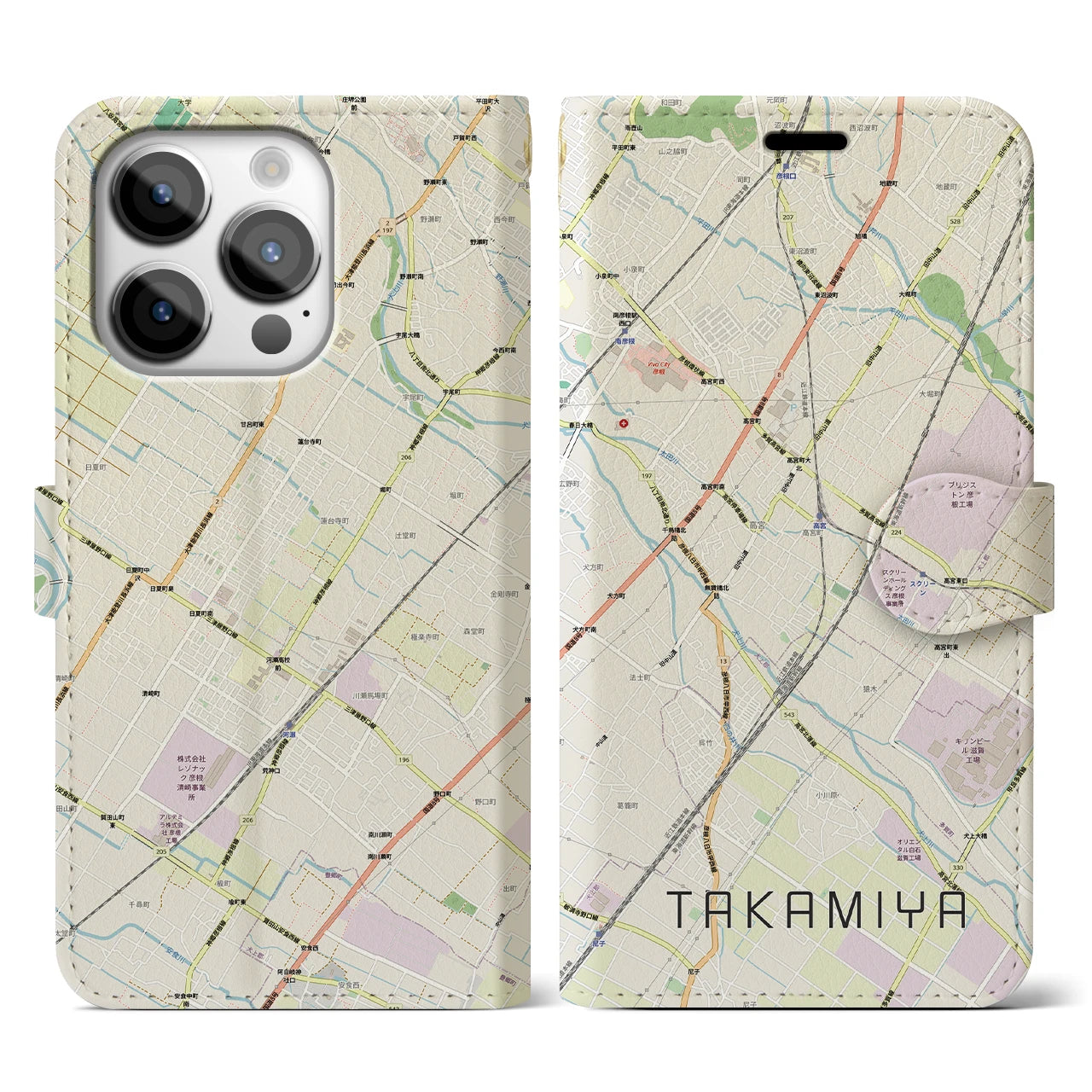 【高宮(滋賀県)】地図柄iPhoneケース(手帳タイプ)ナチュラル・iPhone 14 Pro 用