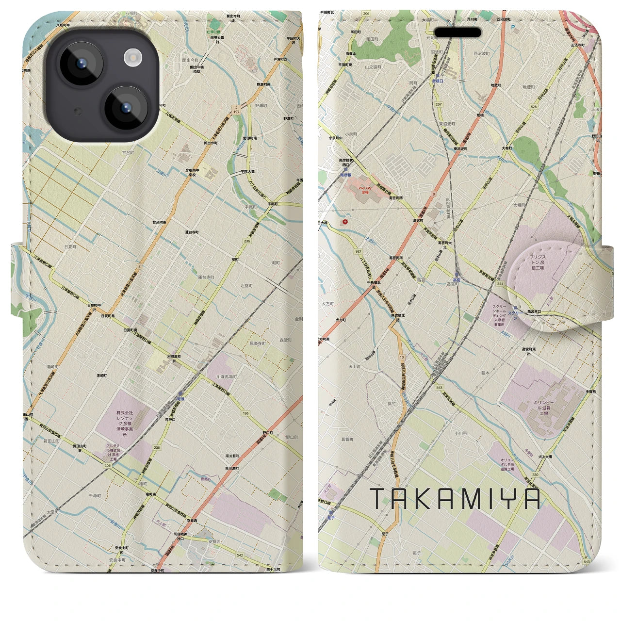 【高宮(滋賀県)】地図柄iPhoneケース(手帳タイプ)ナチュラル・iPhone 14 Plus 用