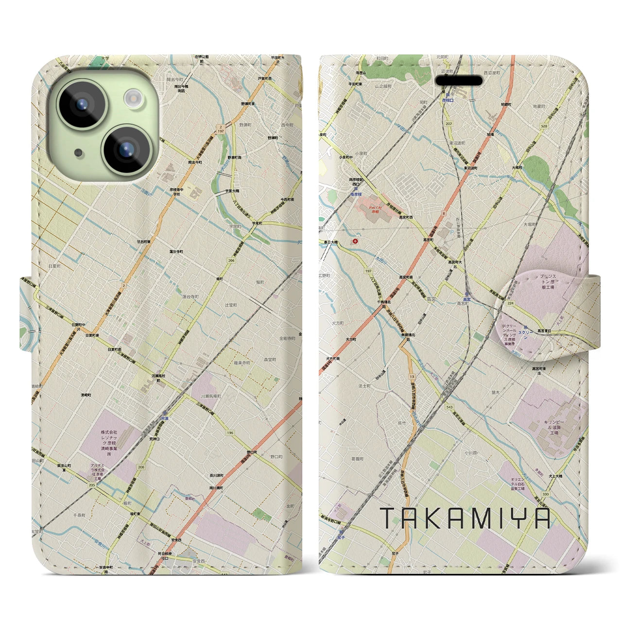 【高宮(滋賀県)】地図柄iPhoneケース(手帳タイプ)ナチュラル・iPhone 15 用