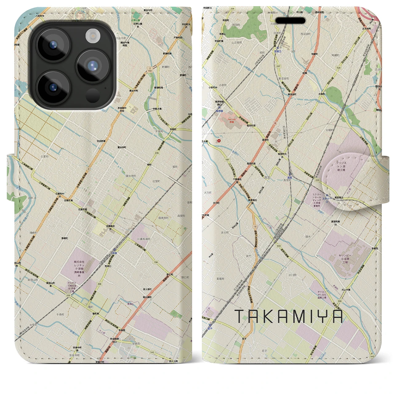 【高宮(滋賀県)】地図柄iPhoneケース(手帳タイプ)ナチュラル・iPhone 15 Pro Max 用