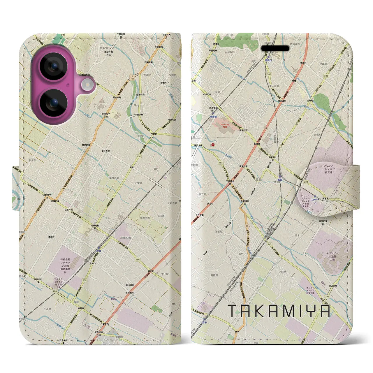 【高宮(滋賀県)】地図柄iPhoneケース(手帳タイプ)ナチュラル・iPhone 16 Pro 用