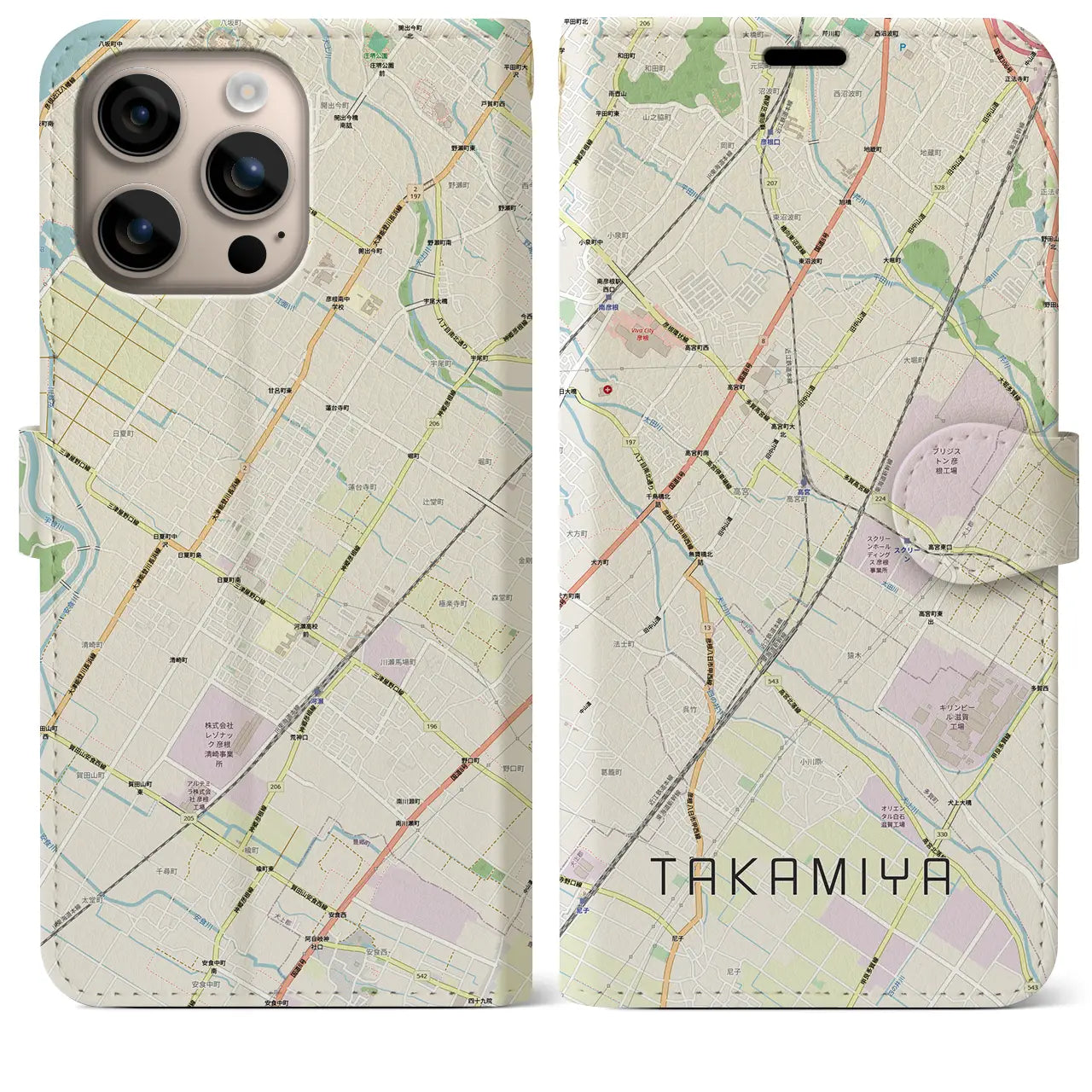 【高宮(滋賀県)】地図柄iPhoneケース(手帳タイプ)ナチュラル・iPhone 16 Plus 用