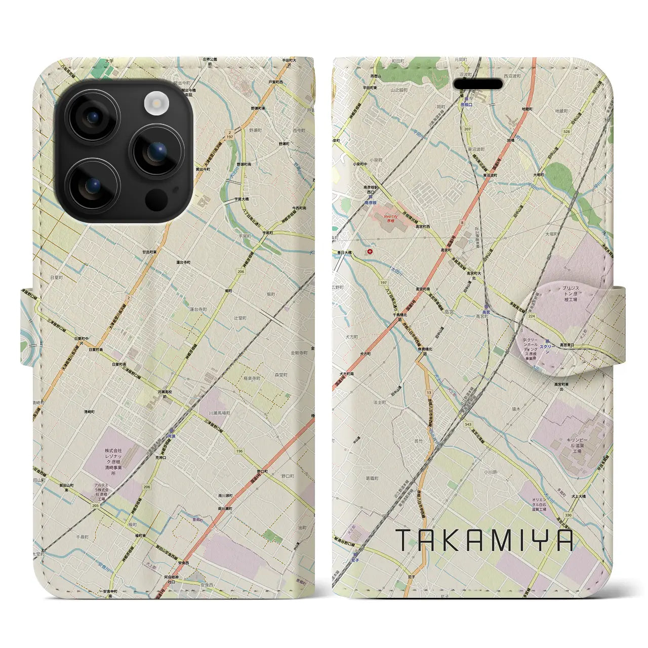 【高宮(滋賀県)】地図柄iPhoneケース(手帳タイプ)ナチュラル・iPhone 16 用
