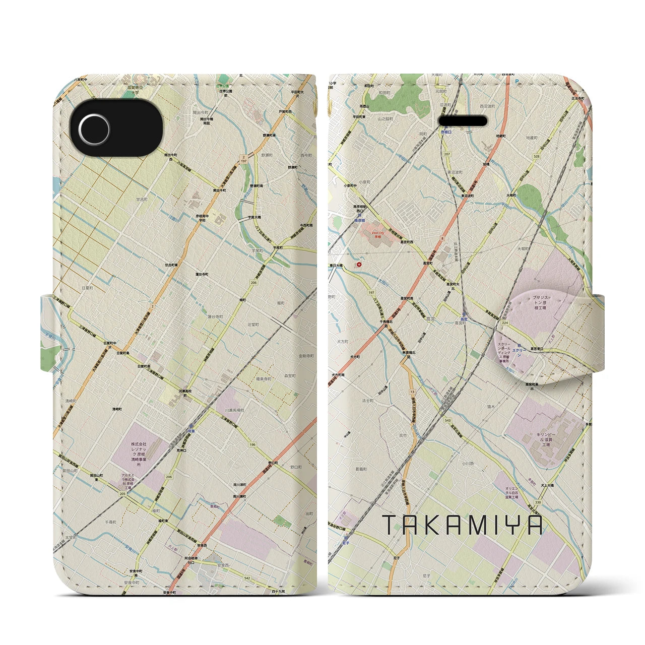 【高宮(滋賀県)】地図柄iPhoneケース(手帳タイプ)ナチュラル・iPhone SE(第3 / 第2世代) / 8 / 7 / 6s / 6 用