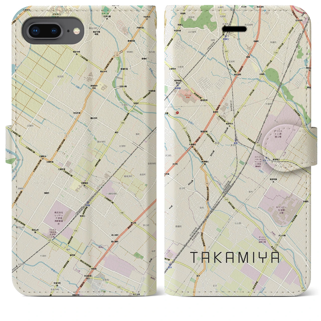 【高宮(滋賀県)】地図柄iPhoneケース(手帳タイプ)ナチュラル・iPhone 8Plus /7Plus / 6sPlus / 6Plus 用