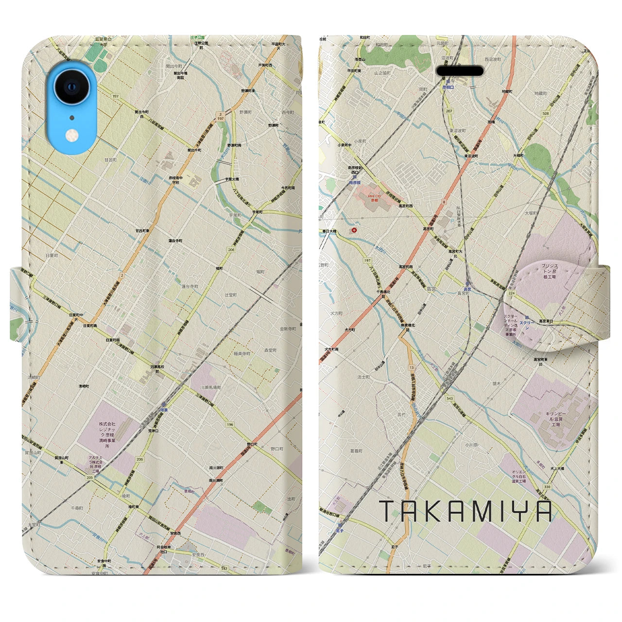 【高宮(滋賀県)】地図柄iPhoneケース(手帳タイプ)ナチュラル・iPhone XR 用