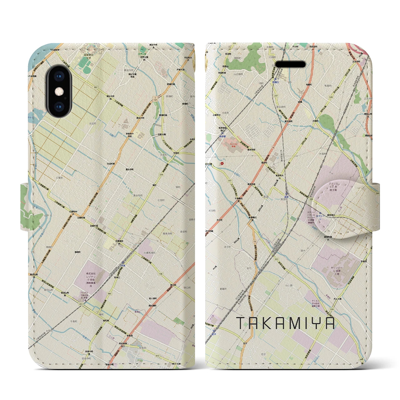 【高宮(滋賀県)】地図柄iPhoneケース(手帳タイプ)ナチュラル・iPhone XS / X 用