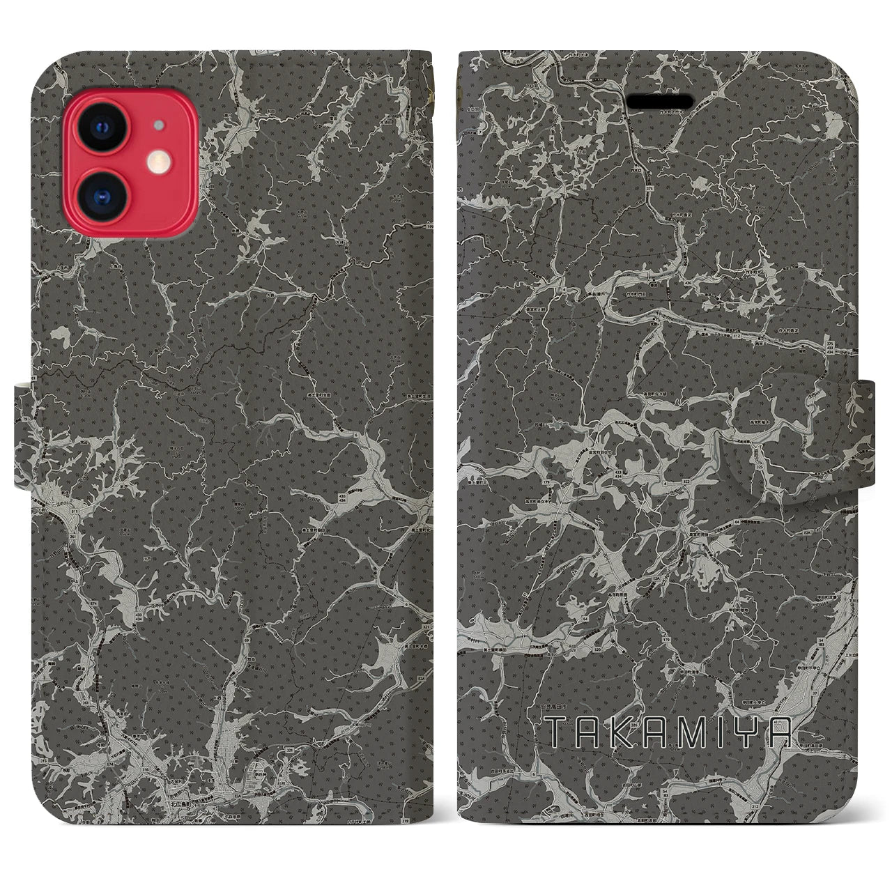 【高宮(広島県)】地図柄iPhoneケース(手帳タイプ)モノトーン・iPhone 11 用