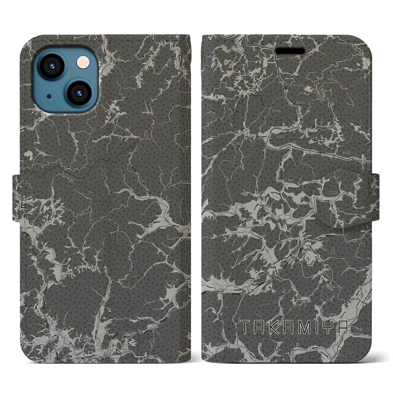 【高宮(広島県)】地図柄iPhoneケース(手帳タイプ)モノトーン・iPhone 13 用