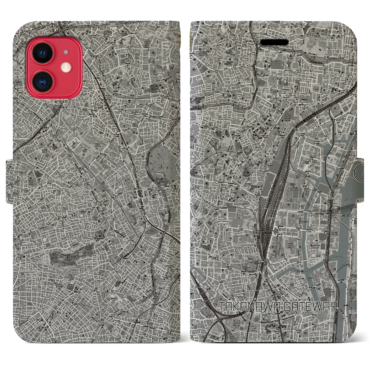 【高輪ゲートウェイ(東京都)】地図柄iPhoneケース(手帳タイプ)モノトーン・iPhone 11 用