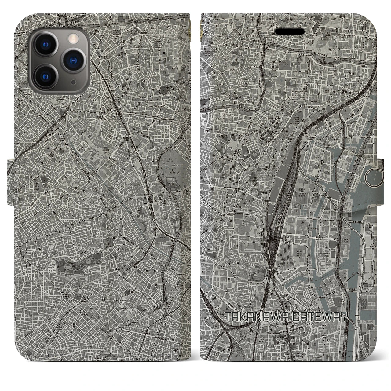 【高輪ゲートウェイ(東京都)】地図柄iPhoneケース(手帳タイプ)モノトーン・iPhone 11 Pro Max 用
