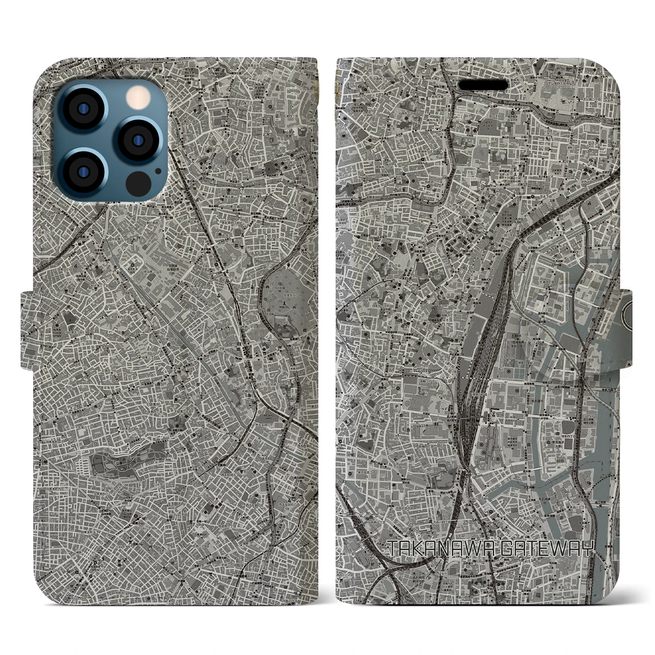 【高輪ゲートウェイ(東京都)】地図柄iPhoneケース(手帳タイプ)モノトーン・iPhone 12 / 12 Pro 用