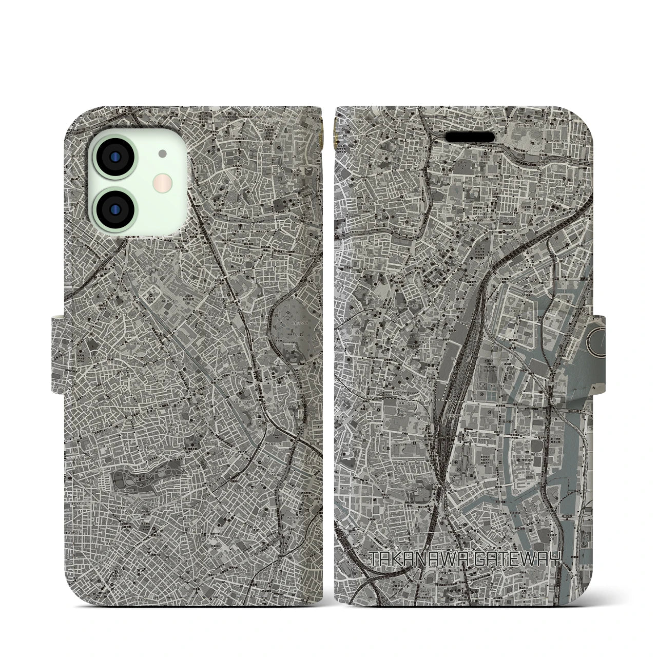 【高輪ゲートウェイ(東京都)】地図柄iPhoneケース(手帳タイプ)モノトーン・iPhone 12 mini 用