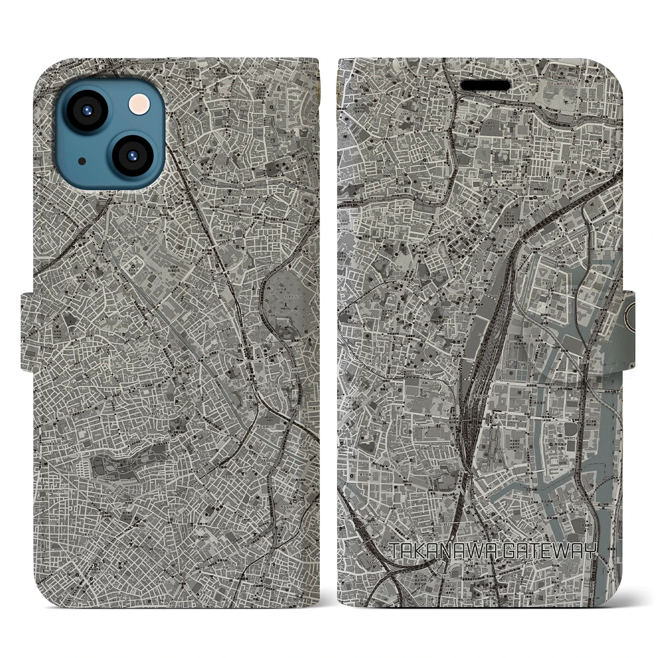 【高輪ゲートウェイ(東京都)】地図柄iPhoneケース(手帳タイプ)モノトーン・iPhone 13 用