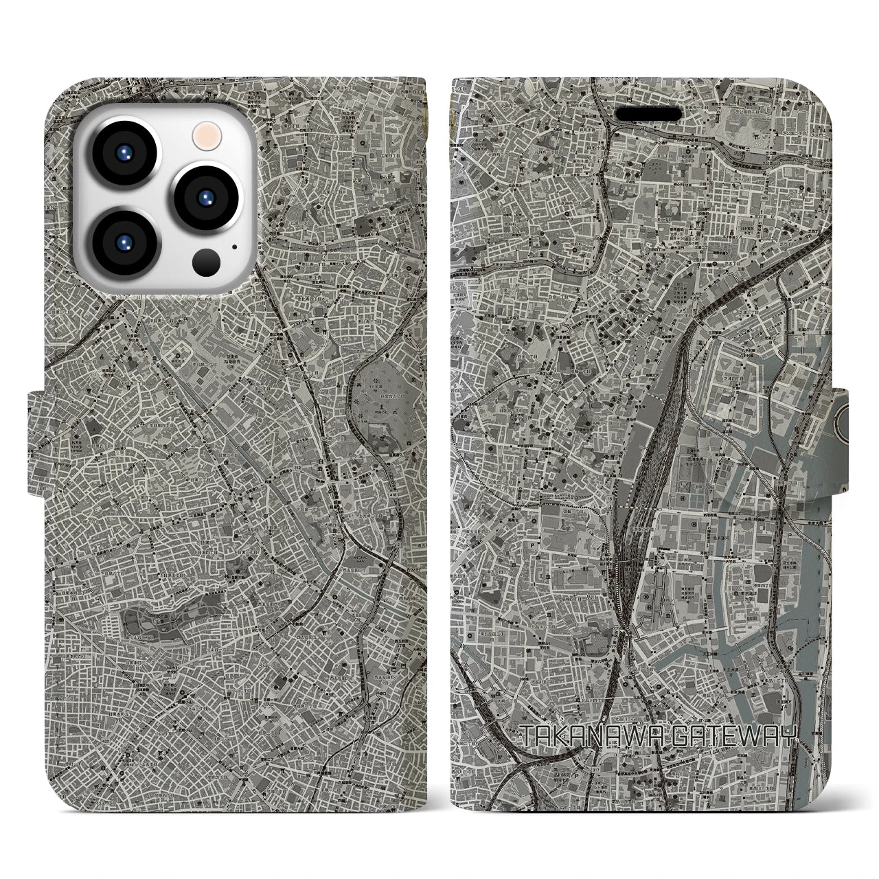 【高輪ゲートウェイ(東京都)】地図柄iPhoneケース(手帳タイプ)モノトーン・iPhone 13 Pro 用