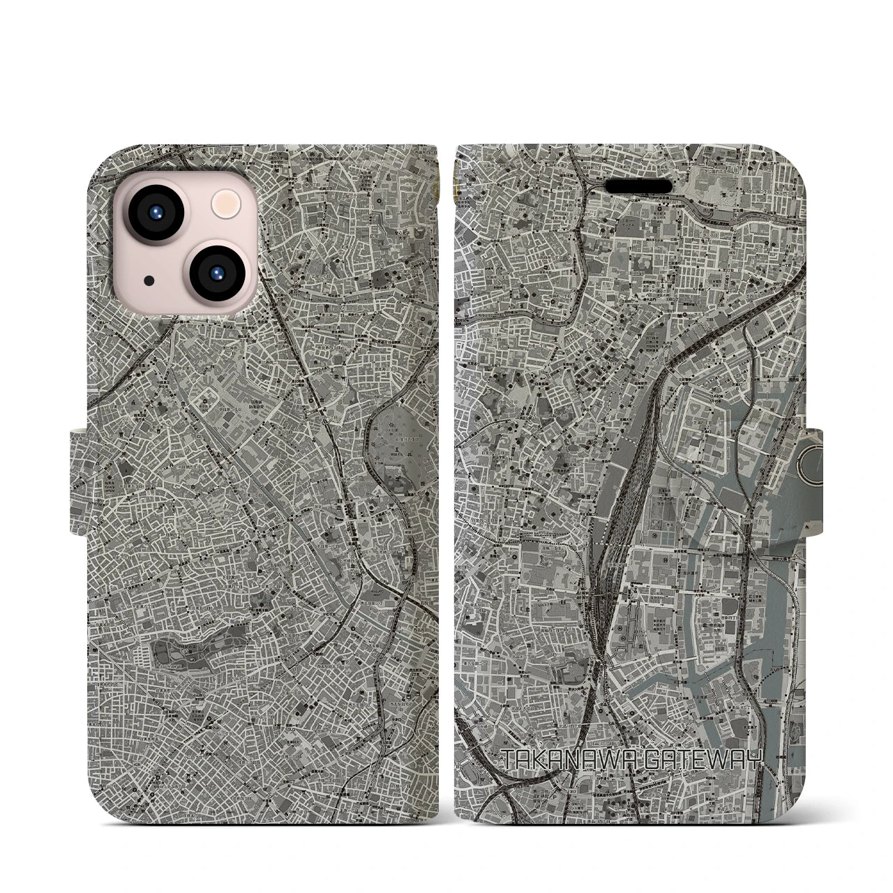 【高輪ゲートウェイ(東京都)】地図柄iPhoneケース(手帳タイプ)モノトーン・iPhone 13 mini 用