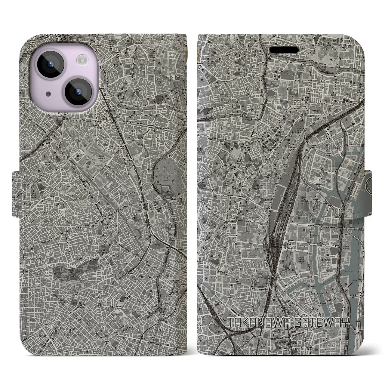 【高輪ゲートウェイ(東京都)】地図柄iPhoneケース(手帳タイプ)モノトーン・iPhone 14 用