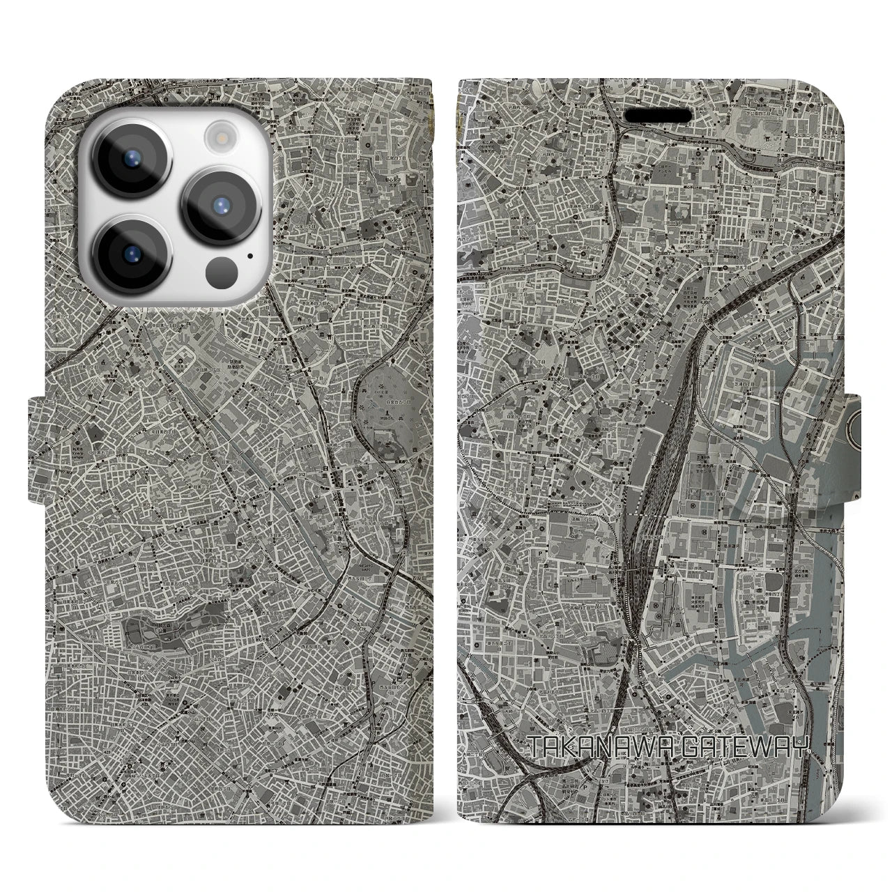 【高輪ゲートウェイ(東京都)】地図柄iPhoneケース(手帳タイプ)モノトーン・iPhone 14 Pro 用