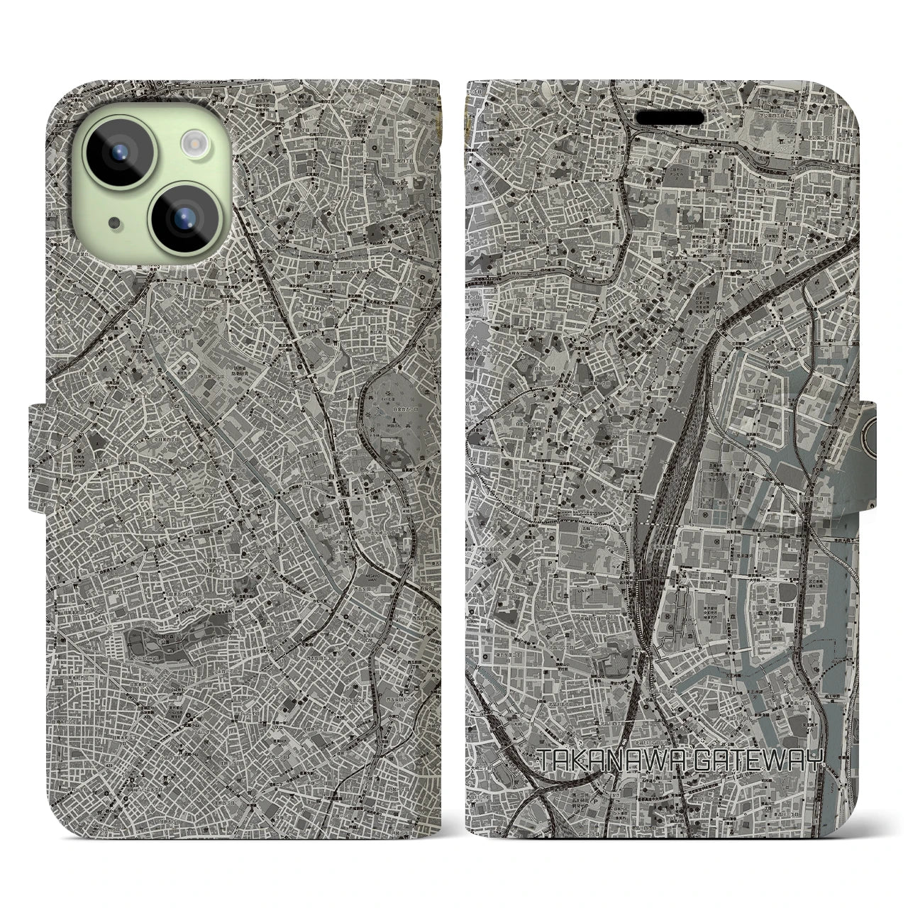 【高輪ゲートウェイ(東京都)】地図柄iPhoneケース(手帳タイプ)モノトーン・iPhone 15 用
