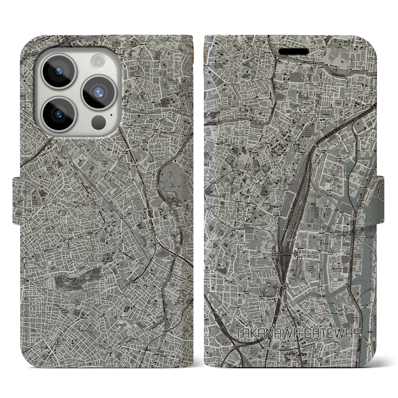 【高輪ゲートウェイ(東京都)】地図柄iPhoneケース(手帳タイプ)モノトーン・iPhone 15 Pro 用