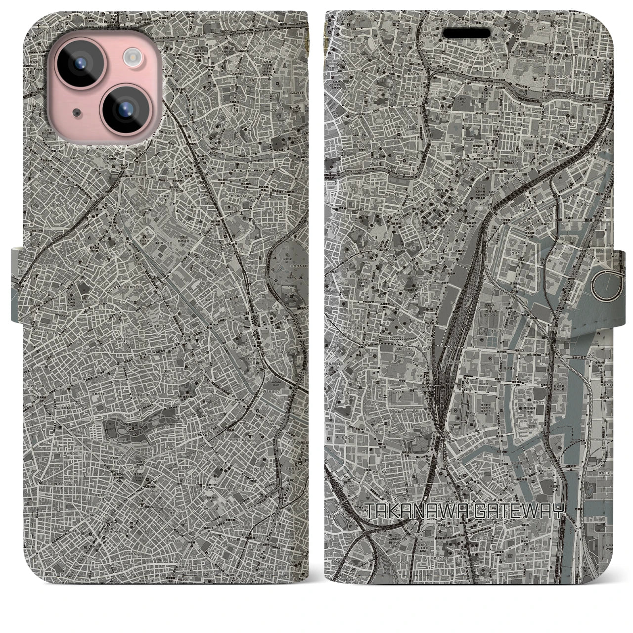 【高輪ゲートウェイ(東京都)】地図柄iPhoneケース(手帳タイプ)モノトーン・iPhone 15 Plus 用