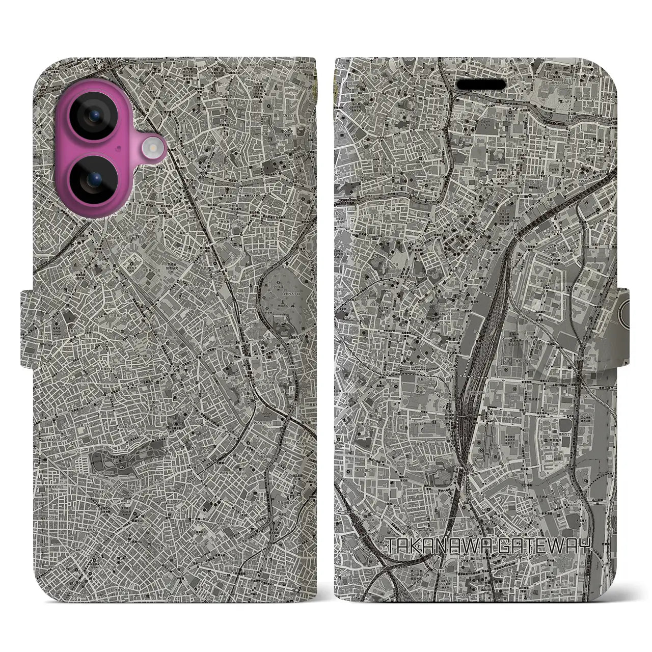 【高輪ゲートウェイ(東京都)】地図柄iPhoneケース(手帳タイプ)モノトーン・iPhone 16 Pro 用