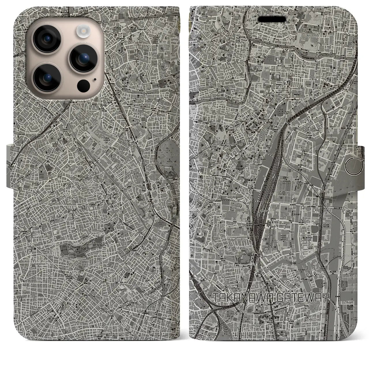 【高輪ゲートウェイ(東京都)】地図柄iPhoneケース(手帳タイプ)モノトーン・iPhone 16 Plus 用
