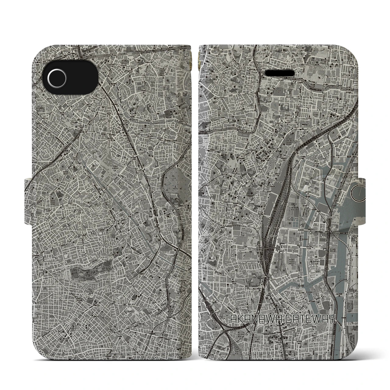 【高輪ゲートウェイ(東京都)】地図柄iPhoneケース(手帳タイプ)モノトーン・iPhone SE(第3 / 第2世代) / 8 / 7 / 6s / 6 用