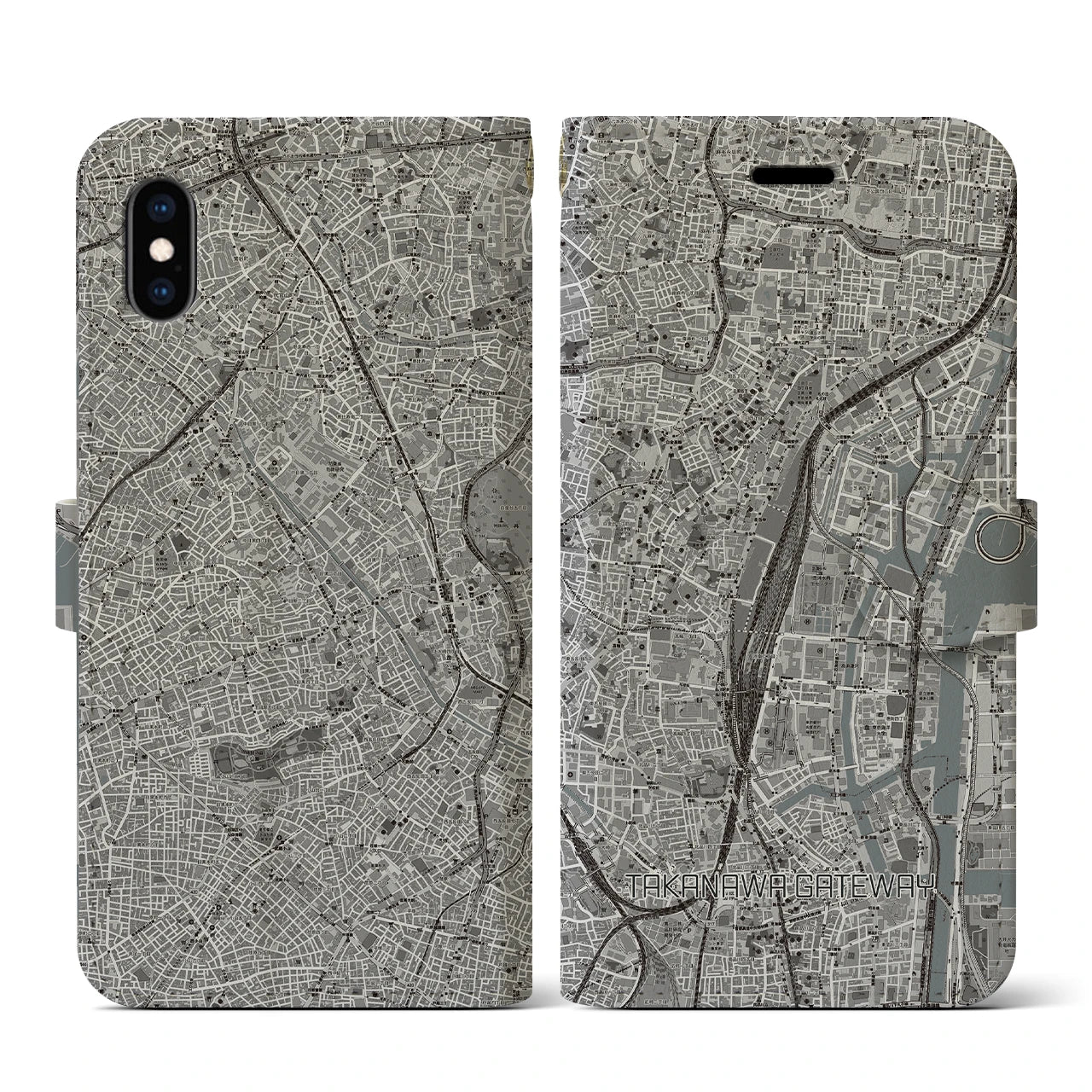 【高輪ゲートウェイ(東京都)】地図柄iPhoneケース(手帳タイプ)モノトーン・iPhone XS / X 用