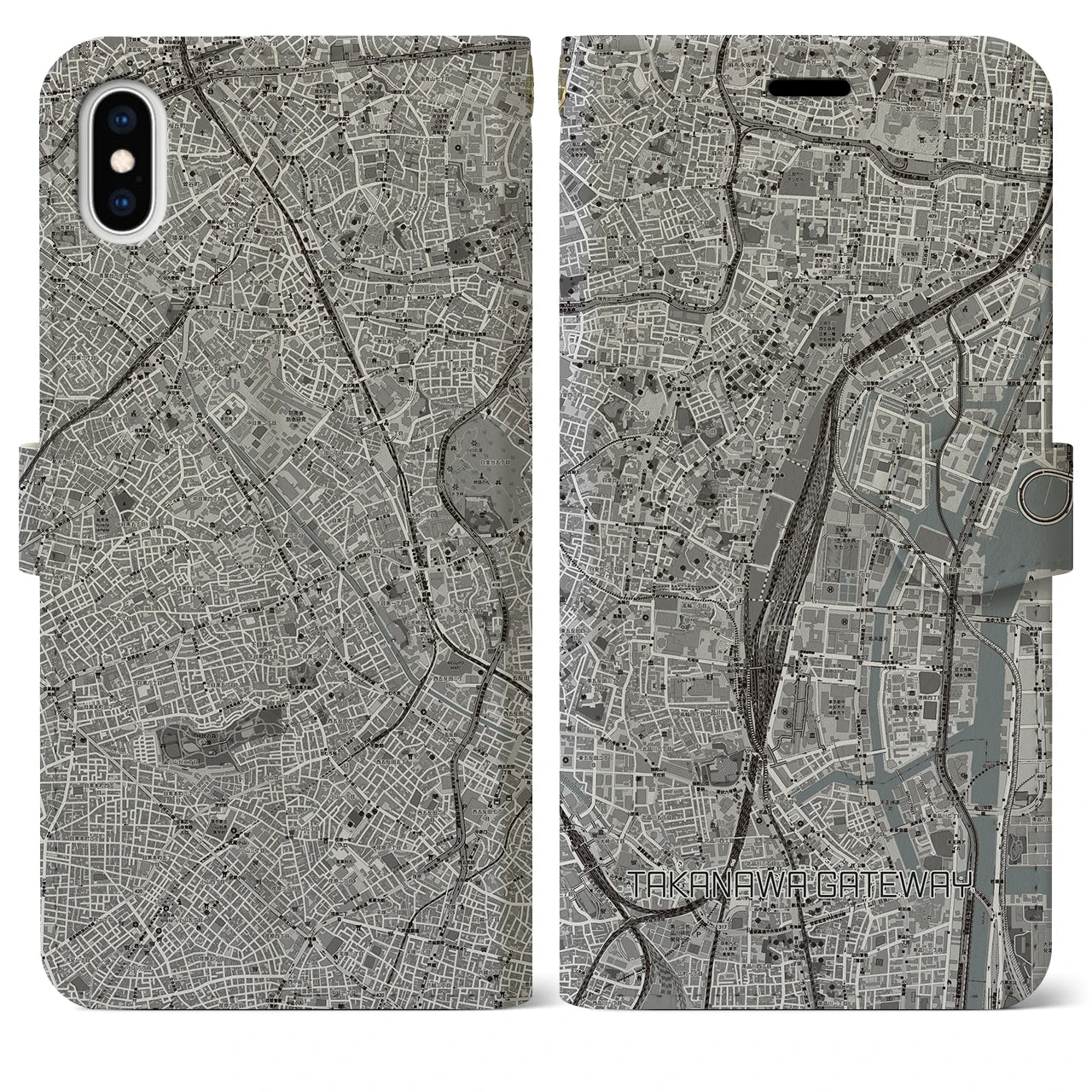 【高輪ゲートウェイ(東京都)】地図柄iPhoneケース(手帳タイプ)モノトーン・iPhone XS Max 用