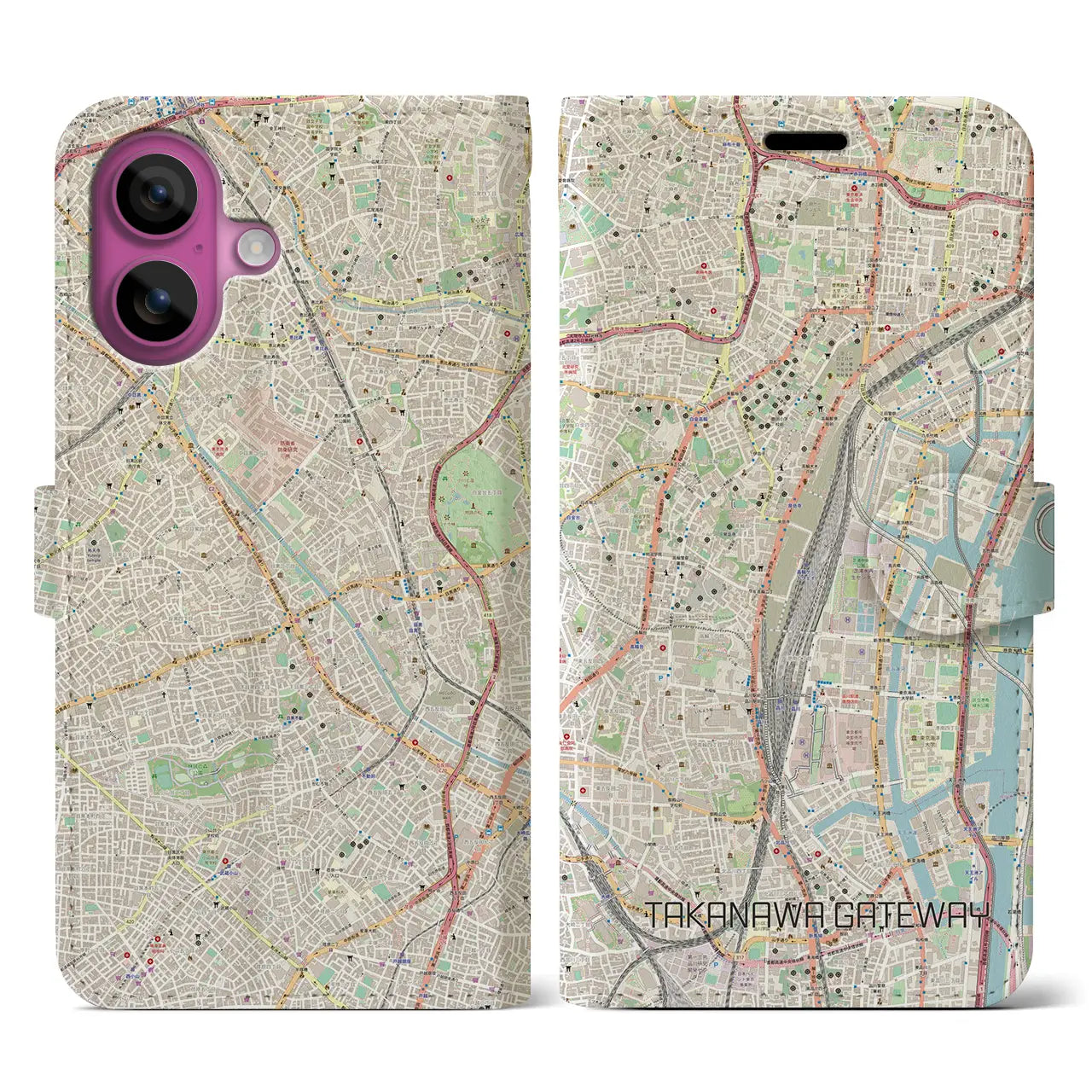 【高輪ゲートウェイ(東京都)】地図柄iPhoneケース(手帳タイプ)ナチュラル・iPhone 16 Pro 用