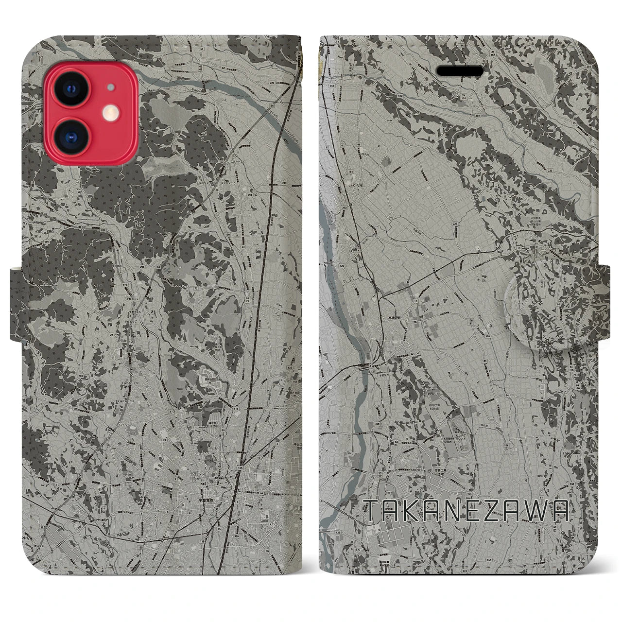 【高根沢(栃木県)】地図柄iPhoneケース(手帳タイプ)モノトーン・iPhone 11 用