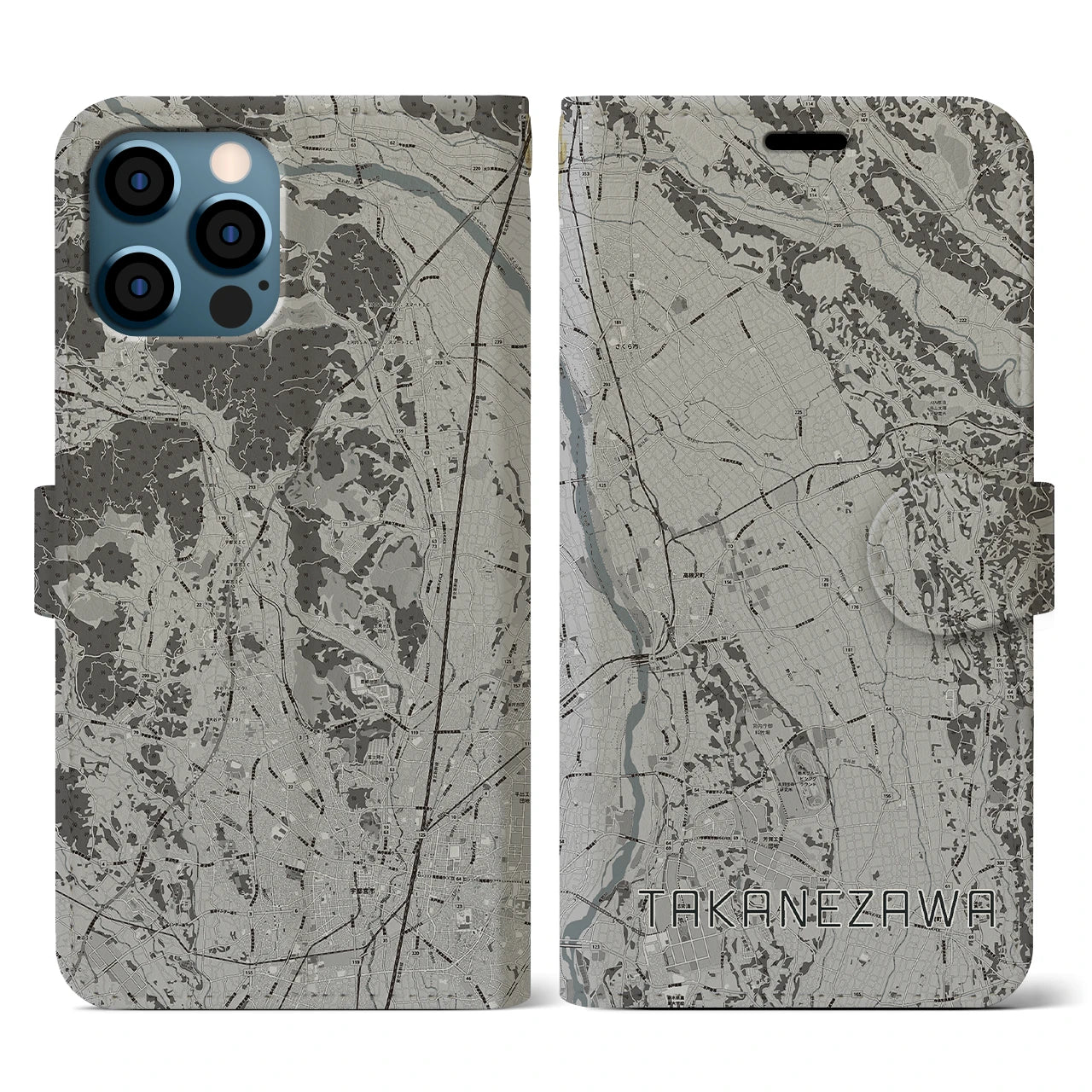 【高根沢(栃木県)】地図柄iPhoneケース(手帳タイプ)モノトーン・iPhone 12 / 12 Pro 用
