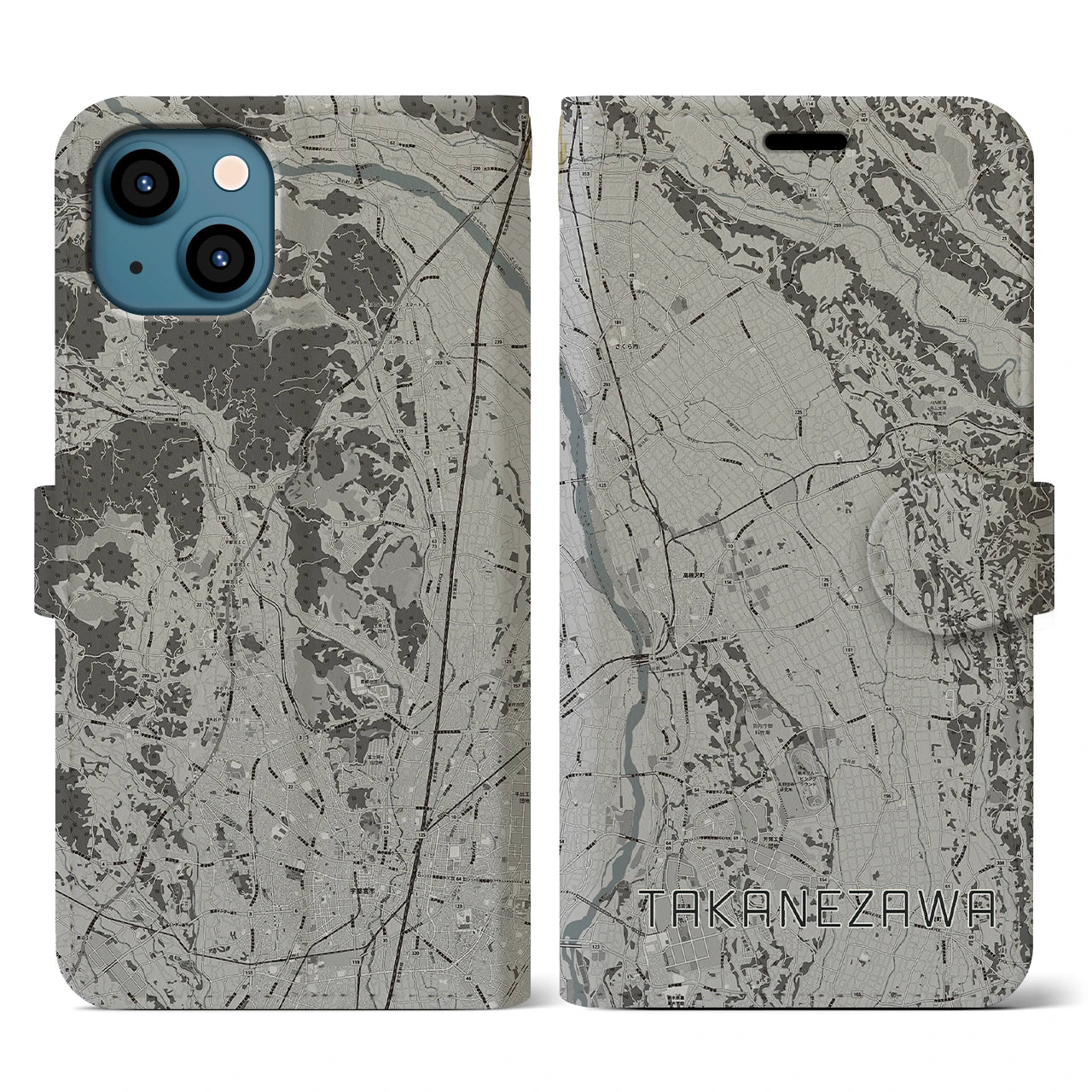 【高根沢(栃木県)】地図柄iPhoneケース(手帳タイプ)モノトーン・iPhone 13 用