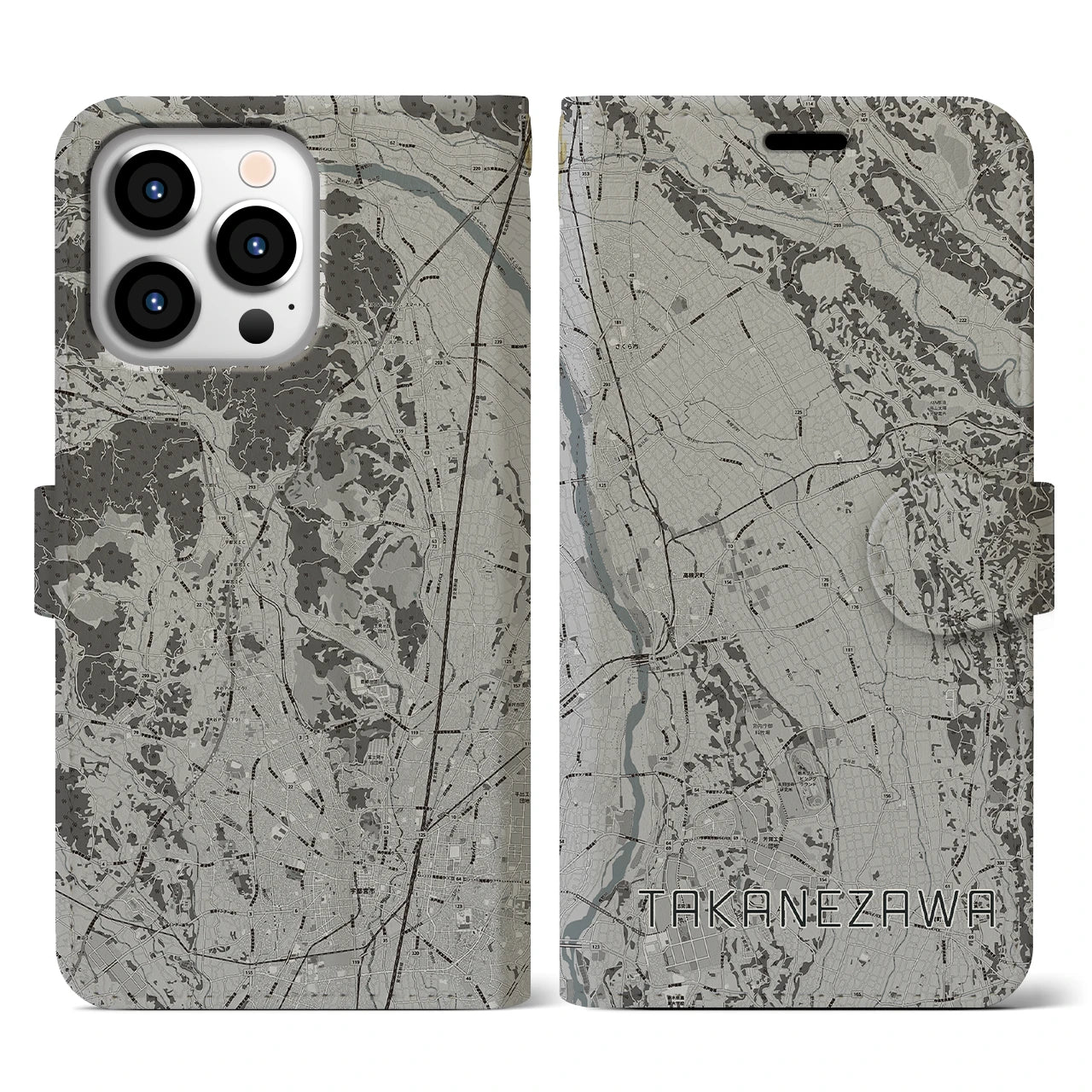 【高根沢(栃木県)】地図柄iPhoneケース(手帳タイプ)モノトーン・iPhone 13 Pro 用