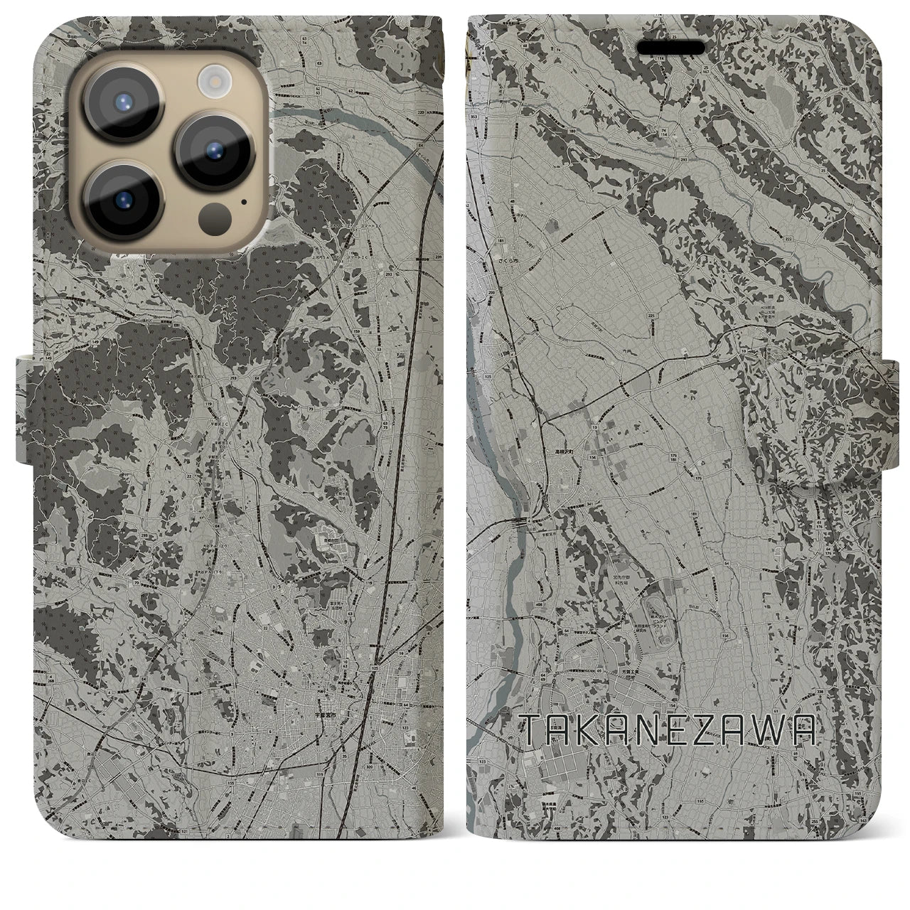 【高根沢(栃木県)】地図柄iPhoneケース(手帳タイプ)モノトーン・iPhone 14 Pro Max 用