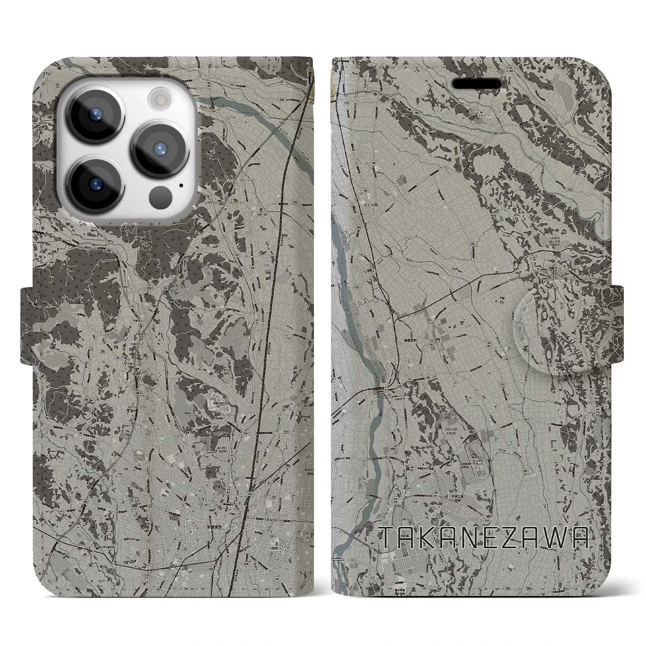 【高根沢(栃木県)】地図柄iPhoneケース(手帳タイプ)モノトーン・iPhone 14 Pro 用