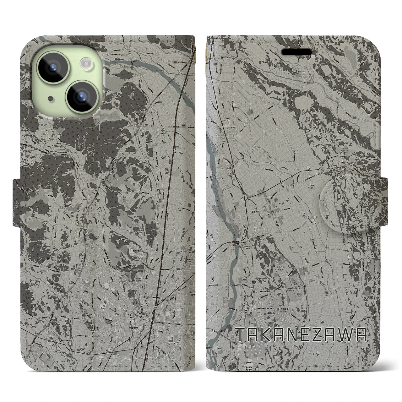 【高根沢(栃木県)】地図柄iPhoneケース(手帳タイプ)モノトーン・iPhone 15 用