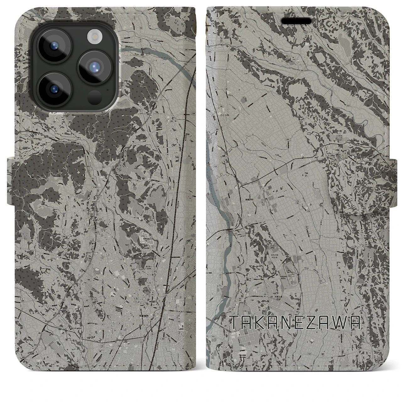【高根沢(栃木県)】地図柄iPhoneケース(手帳タイプ)モノトーン・iPhone 15 Pro Max 用